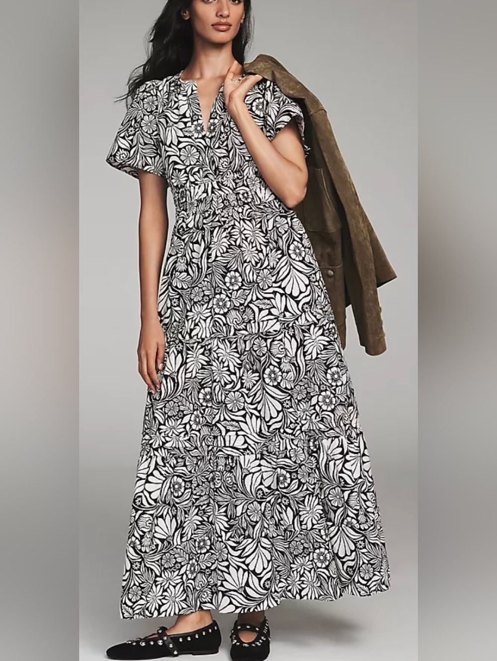 Anthropologie Somerset Black & White Floral Maxi Dress